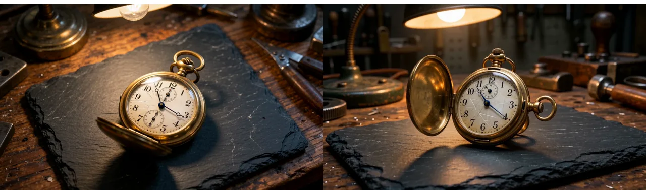 Same pocket watch, same seed: the clip that named the camera came back overhead, the clip missing its Camera line came back at eye level